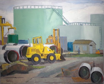 Le bulldozer jaune et les réservoirs verts 